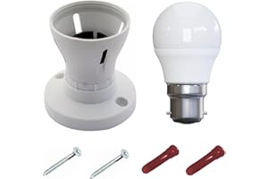 Tabsy Bayonet Batten White Ceiling Lamp Holder BC B22 Light Bulb Socket Fitting | Energy-Saving 5W LED Bulb & Installation Kit (2 Wall Plugs & Screws)