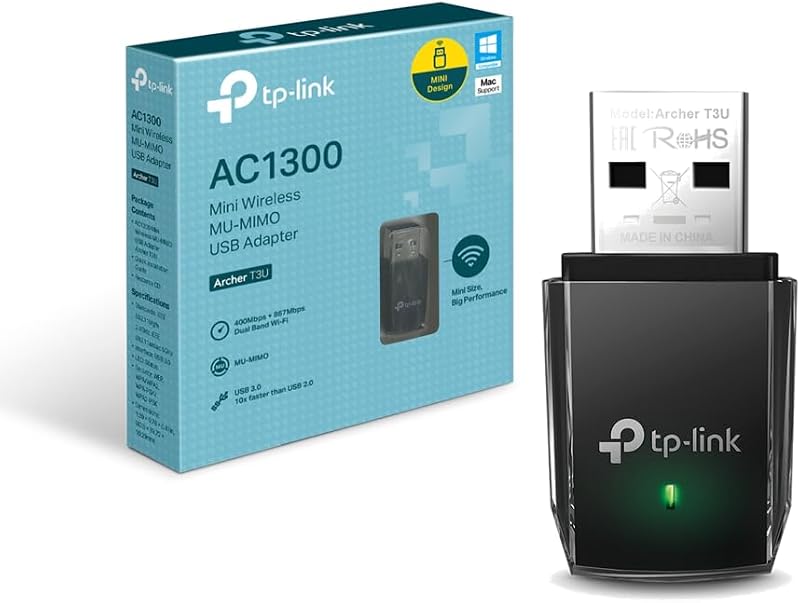 TP-Link Archer T3U - Adaptador Wi-Fi AC1300, Receptor Wi-Fi, Doble Banda 5GHz (867Mbps) y 2GHz(400Mbps), MU-MIMO, USB 3.0, Tamaño Mini, Color Negro