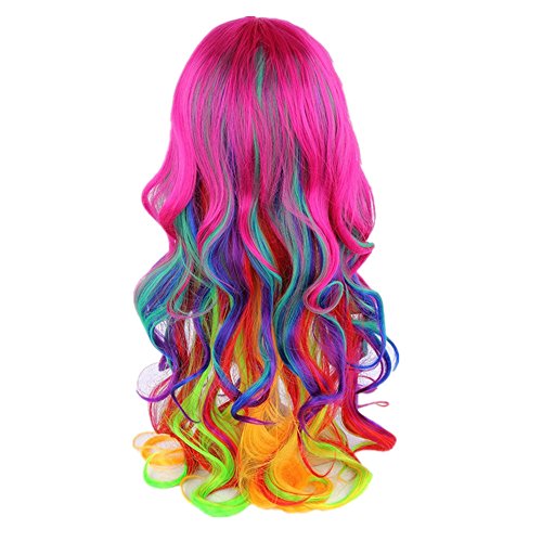 Hosee Women Ladies Multi-color Rainbow Cosplay Party Long Curly Full Wig