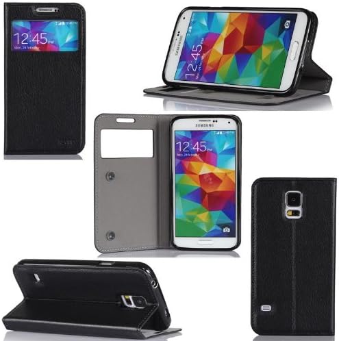 Samsung Galaxy S5 Case Protektor S View Cover with Stand-up function - Flip Leather Folio Case / Cover Galaxy SV GT-I9700 (PU Leather luxury accessories - Black)