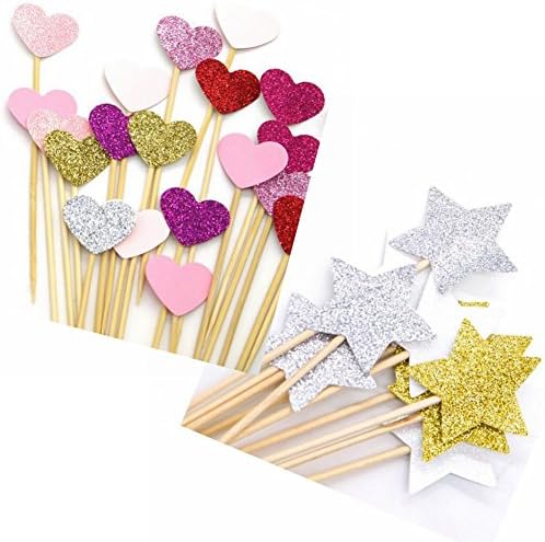 Mossun 26Pieces Cupcake Topper Heart/Star Shape Cake Decoration for Birthday Ceremony Celebration, Multi-Colors