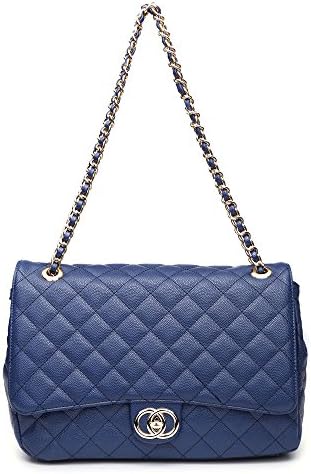 Designer Quilted Leather Look Cross-body Handbag with Gold Toned Logo RRP £59 (NAVY)