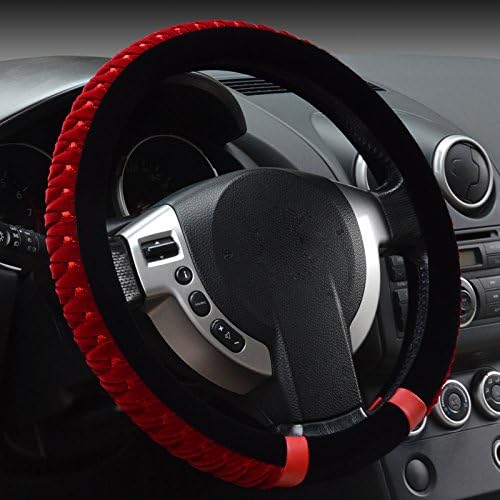 Hivel Winter Coral Fleece Hit Color Furry Plush Car Steering Wheel Cover Soft Warm Super Feeling Anti Slip Splicing Coral Velvet Vehicle Auto Steering Wheel Cover 38cm - Red