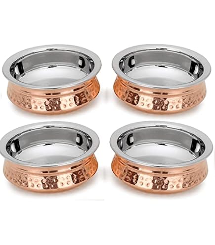 Set De Service Indien 3 Pièces - Acier Inoxydable Et Cuivre - Karahi 18cm + Réchaud + Cuillère 20cm
