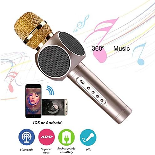 Portable Wireless Karaoke Microphone Bluetooth Handhold Mic Player with Dual Speaker for Smartlphone PC Tablet (Gold)