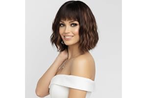 ‎SIMKAYLEE SIMKAYLEE Gewellt Kurze Perücke Braun Blonde Spitzen mit Pony Damen Locken Perrücke Braun mit Blonden Strähnen Highlights für Frauen Dunkelbraune Perücken Gemischt Blond mit Dunklem Ansatz (30cm)