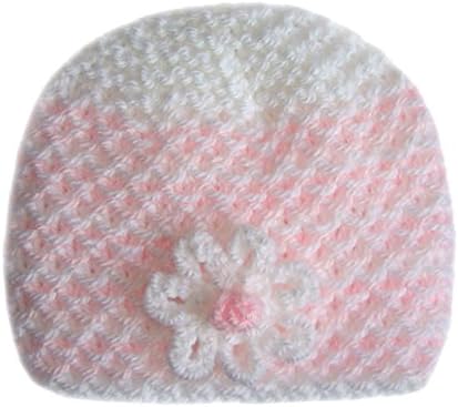 White / Pink Hand Knitted Baby Girl Beanie Hat With Flower - Premature To Newborn, 0-3 months (newborn, white flower (centre))