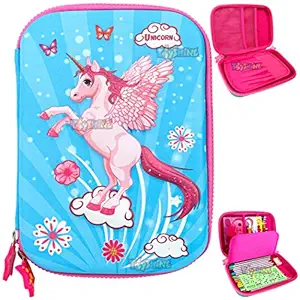 Toyshine Flying Unicorn Blue Hardtop Pencil Case with Compartments - Kids Large Capacity School Supply Organizer Students Stationery Box - Girls Boys Pen Pouch