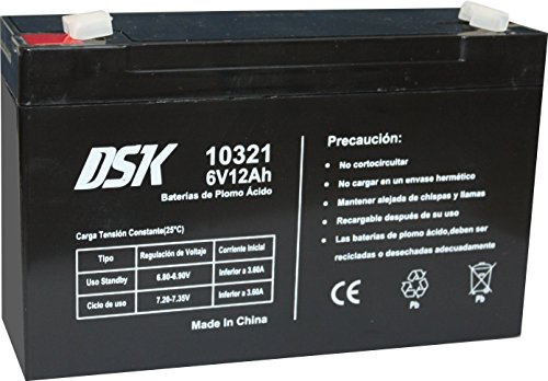 DSK 10321 - Batería Recargable de Plomo Ácido de 6V y 12Ah Ideal para Coches y Motos eléctricos para niños, Sistemas SAI/UPS, Sistemas de Seguridad y alarmas, Luces de emergencias y Equipos de comun