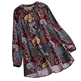 Dorical Damen O-Ausschnitt Lange Ärmel T-Shirt Floral Bedruckt Übergröße Tops/Lose Bluse Elegant Tunika Charmant Vintage Tops Hemdbluse/Damenbluse/Langarmshirt/Sweatshirt Sale(Rot,XXX-Large)