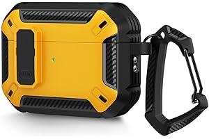 WALLFID AirPods Pro 2 generacji etui 2022 z zamykaną pokrywą i haczykiem na klucze, dwuwarstwowe, odporne na wstrząsy i kurz, wytrzymałe etui (czarne i żółte)