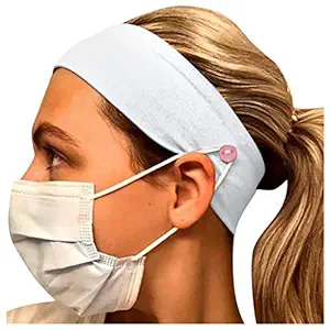 Headband with Button Stylish for Woman Girls Sports Gym Workout, Non Slip Use with FaceMask - Protect Your Ears With Headband, Stretch One Size Great for Long Short Hair (White)