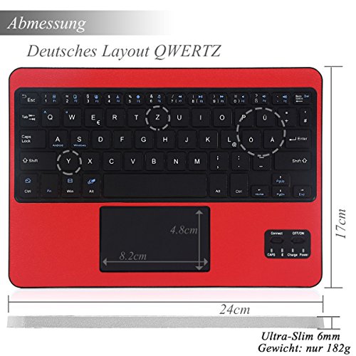 Bluethooth Tastatur, QWERTZ Deutsche Tastatur mit Touchpad, CoastaCloud Deutsch Bluetooth Tastatur Hülle mit Touchpad universal Für alle Windows / Android OS Tablet PC / Galaxy Tabs und Mobil mit 9-10.6 Zoll (Geeignete Tablettengröße : Min 15x24cm Max18x26cm)Rot - 5