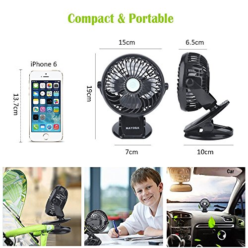 Mayoga F802 Tragbar USB Mini Klammer Fan / Handheld Aufladen Lithium-Ionen-Akku Ventilator – Geräuscharmer 360-Grad-Winkel Einstellen Luftstromsteuer (Schwarz) - 5