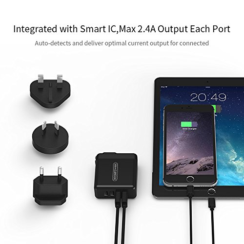 USB Ladegerät Wand Ladeadapter 5V / 2.4 4-Port USB mit IC Technologie und Reiseadapter US,AUS,UK,EU für iPhone / iPad / iPod und Android Windows Phone / Tablet -Schwarz - 5