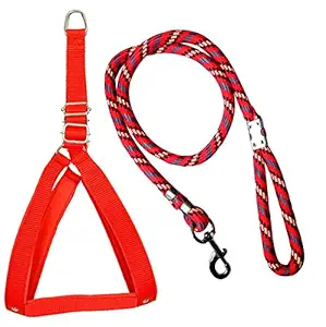ADIOS Nylon Dog Belt Combo of 1 inch Red Nylon Padded Dog Body Cross Harness with Red Lead 1.5m Lengthy Dog Harness & Leash, Adjustable Chest Size 22-29 inch. (Red)