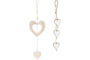 MBAIYO 2 Stück Herz Deko Holz Anhänger, Hängende Holz Dekoherz Fensterdeko Dekoanhänger Natur Weiß Holzherz Hängedeko Skulptur Dekoherz Dekohänger Geschenk für Hochzeit Wandbehang Dekoration