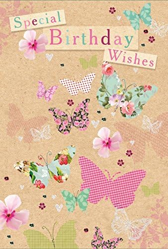 Open Female Birthday Card - Pink Blue Glitter Butterflies and Flowers 7.75x5.25"