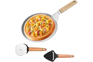 LPAMABA Pala per Pizza in Acciaio Inossidabile,Paletta per Pizza con Manico in Legno,Paletta in Metallo con Mini Pala per Pizza e Rotella Tagliapizza per Panini e Pane (10 Pollici/Argento)