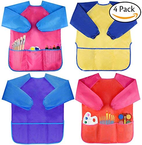 Amaza 4Pcs Grembiule da Pittura Scuola Grembiulino Maniche Lunghe Bambini 2-8 Anni (Giallo & Rosa & Blu & Rosso)
