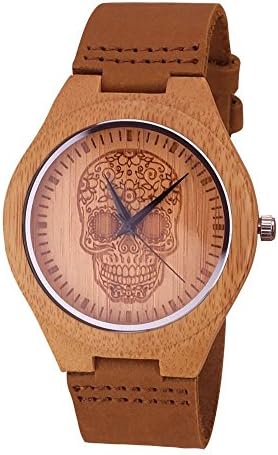 réf9s48 BR. 1101 – Mexican Bamboo Wood Watch Unisex Skull Dial Leather Strap Tan