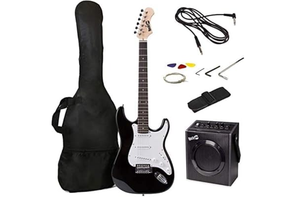 RockJam Superkit de guitare électrique pleine grandeur RJ20WAR2 avec amplificateur, cordes, accordeur, sangle, étui et câble, noir