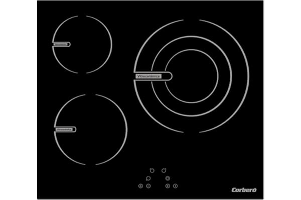 Corberó – Placa Vitrocerámica | CCVG35BF | 59x52x6 cm | 3 Zonas de Cocción | Zona Extra Grande 28 cm | 5700W | Control Táctil | 9 Niveles de Potencia | Desconexión Automática