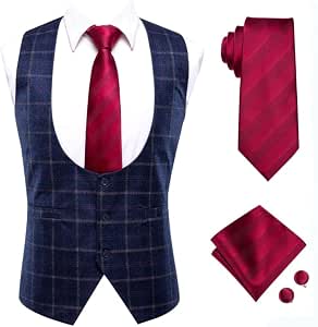 GZQDX Gilet da uomo di seta gilet con scollo rotondo blu navy plaids gilet  uomo gilet rosso cravatta hanky gemelli set for abito vestito regalo (Color  : B, Size : L) :