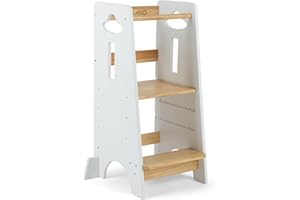 ‎COSYLAND COSYLAND Learning Tower from 1 Year - Height-Adjustable Learning Tower for Children (3 Levels) - Montessori Learning Tower with Tilt Protection & Solid Wood (Wood Colour and White)