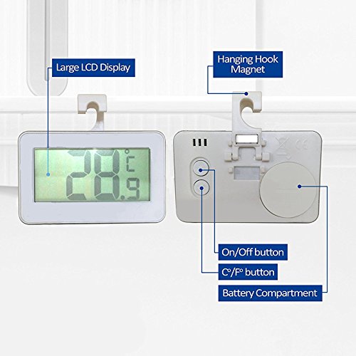 Mini Digital Kühlschrank / Gefrierschrank Thermometer gehören Magnet und Haken, COUTUDI Handy Gadget für Kühlraum, mit großen LCD & Frost Alert - 4