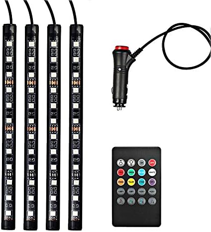 Car LED Strip Lights, 4pcs Each Light Strip with 12 Leds, Car Interior Underdash Atmosphere Kits Light USB Powered Wireless Remote Control Multi Color Music Car Footwell Lights for Decoration