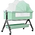 House of Quirk Baby Bassinet Bedside Sleeper Cradle Bedside Crib 3 in 1 Baby Bed Portable Bassinet for Newborn Infant Baby with Storage Basket Lockable Wheels Adjustable (Green)