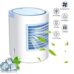 Portable Refroidisseur d'air Mini 4 En 1 Mobile Climatiseur Personnel Silencieux Ventilateur Mobile Humidificateur 7 Couleurs Lumière d'ambiance Climatiseur Air Cooler Pour Chambre Bureau (bleu)