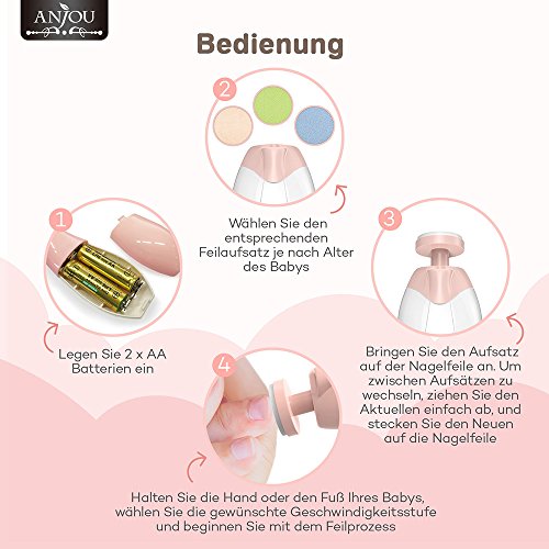 Baby Nagelknipser, Anjou Elektrische Baby Nagelfeile, sechs Feilaufsätze (sicheres Hautschützen, für nächtliche Benutzung) Weiß - 6