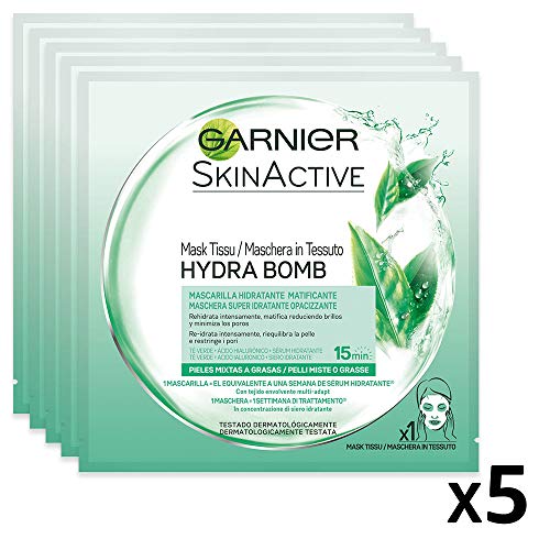 Garnier Maschera in Tessuto Skin Active Hydra Bomb, Formula Idratante e Opacizzante per Pelli Miste o Grasse, Tè Verde, Confezione da 5 Pezzi