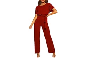 Coloody Damen Lang Jumpsuit Overall Hosenanzug Elegant Romper Kurzarm Rundhals Playsuit mit Gürtel Hosenanzug Breite Weites Bein Overall