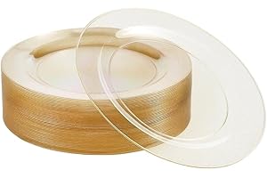 MATANA 25 Elegantes Platos de Plástico Duro Transparente con Brillos Dorados, 26cm - Resistentes y Reutilizables - Bodas, Cumpleaños, Bautizos, Navidad, Barbacoas, Fiestas