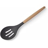 Silicone Perforated Serving Spoon with Deconox Bamboo Handle, Bamboo Long Silicone Perforated Servi Spoon 27cm with 3 Color Options (BLACK)