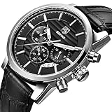 BENYAR Quarz Chronograph Wasserdicht Uhren Business und Sport Design Leder Band Strap Armbanduhr für Männer (Silber schwarz)