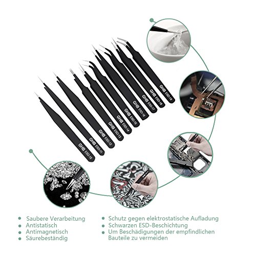 GHB 10Pcs Pinzetten ESD Anti Statik Edelstahl präzise Präzisions Reparatur Werkzeug Schwarz für Elektronik Schmuckherstellung Industrie Kosmetik - 4