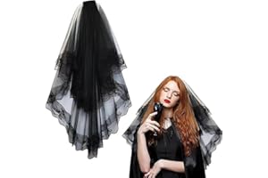 ZYXSQORAPHIC Voile de mariage d'Halloween 2 niveaux, Halloween Black veil,Voile de dentelle noire,Voile d'Halloween noir en dentelle,Black Lace veil,Voile funéraire vintage,Voile noir en dentelle