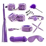 RianGor 10 pcs Leather Bondage Kit Set Handcuffs Whip Rope Mask Collar Bondage Set for Couple (Purple)