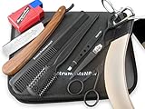 PREMIUM Rasier-Set mit klassischem Rasiermesser, Abziehleder, Schleifpaste aus Solingen, edler Nasenhaar-Schere mit Mikroverzahnung, Bartschere, Zupfpinzette, Effilierer aus Solingen und Haar-Kamm im edlen Aufbewahrungs-Etui 4-Teilig