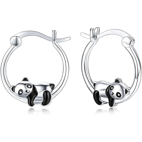 Orecchini A Bottone Panda In Argento 925 - Piccoli Orecchini Ipoallergenici A Forma Di Orso Con Bambù, Donna