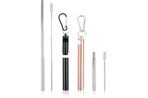 QUESUC Set di 2 cannucce acciaio inox riutilizzabili,in acciaio inox, con funzione cavatappi,cannucce telescopiche in acciaio inox con spazzola per viaggi, lavoro, idea regalo (nero e champagne)