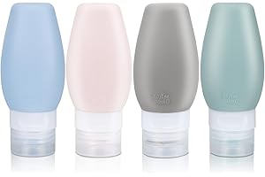 UERVOTON Confezione da 4 bottiglie da viaggio in silicone, a prova di perdite, ricaricabili e comprimibili, con etichetta e borsa trasparente per il trasporto, per shampoo liquidi, sapone e articoli - 90ml