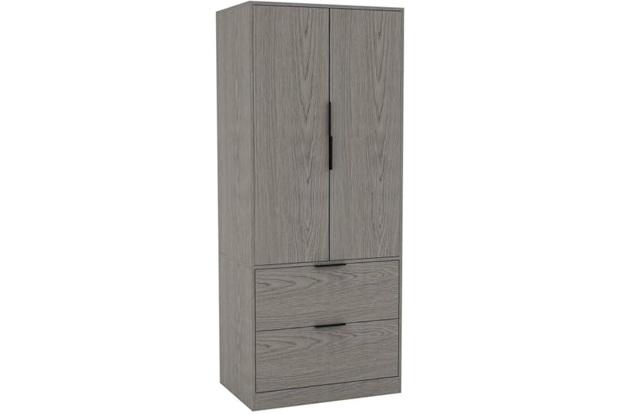 URBNLIVING 2 Door 2 Drawer Minimalist Bedroom Cedar Grey Wardrobe Storage & Hanging Rail Modern Furniture with Clothes Shelf for Home Organiser Unit 179cm H x 74cm W x 50cm D