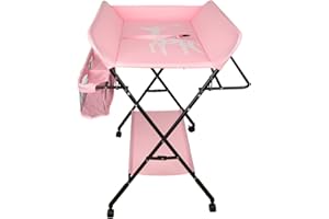WILLONIN Table a Langer Pliante, Table à Langer Réglable en Hauteur avec Panier de Rangement, Ceinture de Sécurité et 4 Roues avec Frein (rose)