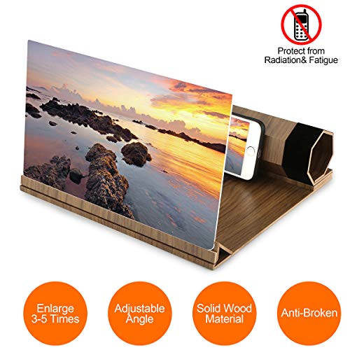 Tensphy Screen Magnifier, 12" Smart Phone Screen Amplifier Foldable Projector Enlarger 3D Screen Wooden Phone Holder Zooms Stand Magnifying Amplifying Glass for All Smart Phone Mode