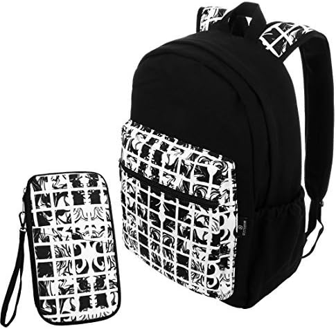 Sixteen18 Casual School 15 inch Laptop Tablet Backpack and Zippered Travel Wristlet Pouch Set - Padded & Comfortable Large Commuter Daypack College Bookbag - 2-Piece Black / White Marble Set